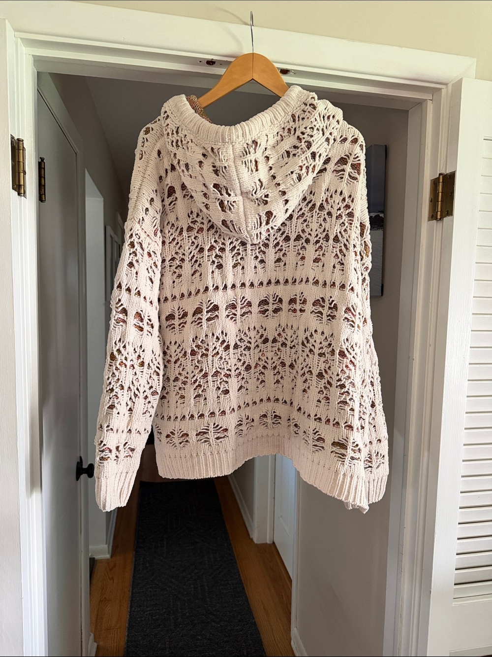 POL Cream Open-Knit Hooded Sweater with Pom Pom Drawstrings - Picture 2 of 2